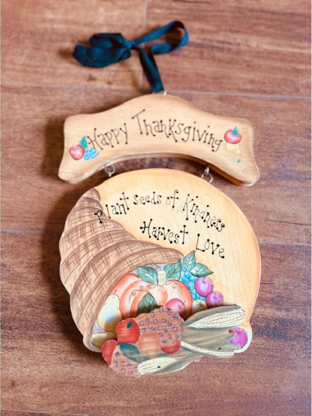 Wooden Thanksgiving Wall Hanging Decor with Cornucopia and Harvest Message